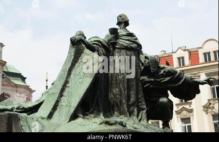 Czech Republic. Prague.  Old Town Square. Jan Hus Memorial, reformer and redecessor to Protestatism (1369-1415). Sculptural group designed by Ladislav Saloun (1870-1946), 1901-1915. Detail. Art Nouveau period. Stock Photo