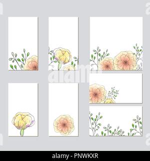 Collection of vector template label, visit cards, square greeting cards and banners with home plants, wild flowers and herbs.Business set of design templates Layout, mockup design for cosmetics. Stock Vector