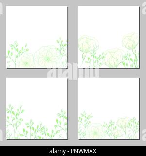 Collection of vector template label, visit cards, square greeting cards and banners with home plants, wild flowers and herbs.Business set of design templates Layout, mockup design for cosmetics. Stock Vector