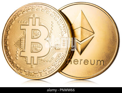 Physical bitcoin and ethereum coin on white background. Blockchain technology. Stock Photo