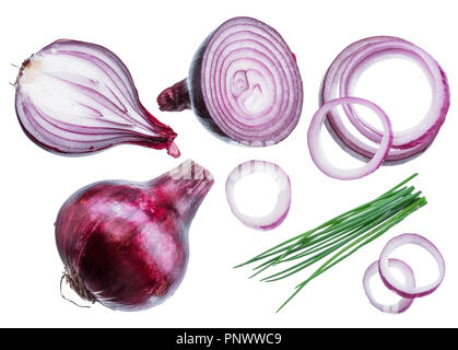 Red onion bulbs, cross sections of onion and spring onions on white background. Stock Photo