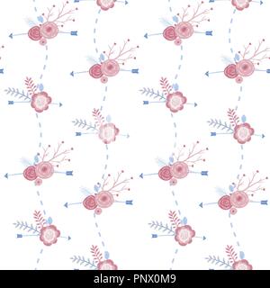 Ethnic boho background with arrows, feathers and pink flowers, native american tribe decoration print element, tribal navajo illustration bohemian ornament, Indian, Peru wrapping, seamless pattern. Stock Vector