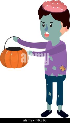 bad boy with zombie costume and pumpkin treat bucket Stock Vector