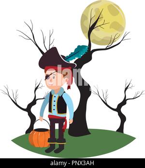 boy with pirate costume in the cementery and full moon Stock Vector