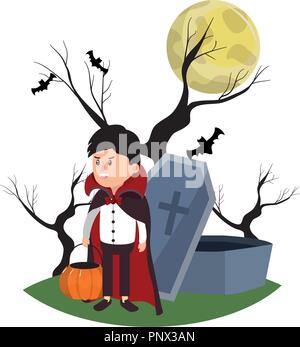 boy with vampire costume in the cementery and bats Stock Vector