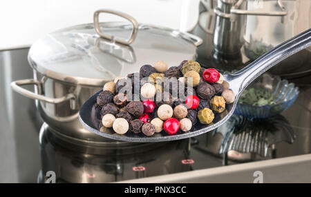 Spoonful of spicy colorful peppercorns close-up. Piper nigrum. Electric kitchen range. Stainless steel pots, lid, glass bowl. Reflection on a cooktop. Stock Photo