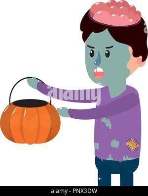 boy with bad zombie costume and pumpkin treat bucket Stock Vector