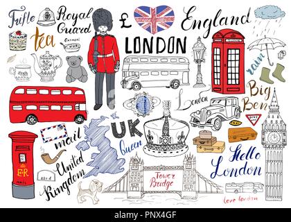 London city doodles elements collection. Hand drawn set with, tower bridge, crown, big ben, royal guard, red bus and cab, UK map and flag, tea pot, le Stock Vector