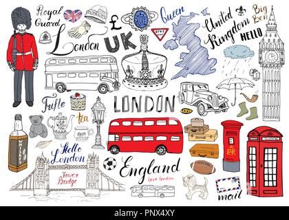 London city doodles elements collection. Hand drawn set with, tower bridge, crown, big ben, royal guard, red bus and cab, UK map and flag, tea pot, le Stock Vector