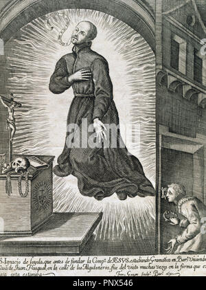 Ignatius of Loyola (1491-1556). Spanish knight,  priest since 1537. Founded the Society of Jesus (Jesuits). Was Superior General. Saint Ignatius levitating. Engraving, 1693. Episcopal Library. Barcelona. Spain. Stock Photo