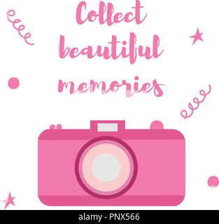 The old-fashioned color camera. Flat style. Inscription collect beautiful moments on a white background Stock Vector