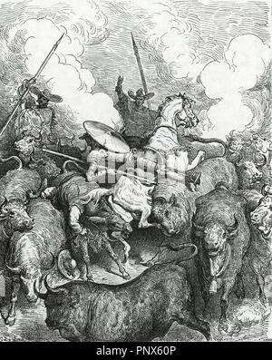 Don Quixote by Miguel de Cervantes. Don Quixote and Sancho in front of the bulls. Engraving by Gustave Dore. 19th century. Stock Photo