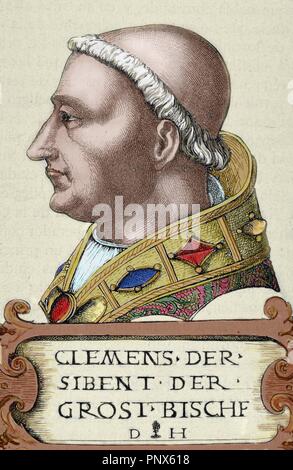 Clement VII (1478–1534), born Giulio di Giuliano de Medici Cardinal from 1513 to 1523 and  Pope from 1523 to 1534. Thanks to his patronage Michelangelo finished the paintings of the Last Judgement in the Sistine Chapel. Engraving by R. Cremer. Colored. Stock Photo