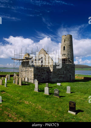 St Magnus late C12th Norse church, Egilsay, Orkney, Scotland, UK, covered in scaffolding during repair & conservation work in June 1997. Stock Photo