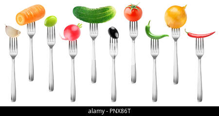 Isolated vegetables collection. Tomato, cucumber, garlic, carrot, olives, radish, peppers and onion on forks isolated on white background with clippin Stock Photo