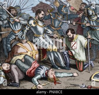 The battle of Pavia. Held on February 24, 1525 between the French army under King Francis I and German-Spanish troops of Emperor Charles V, who were the winner. Francis I of France was taken prisoner after his defeat. Colored engraving. Stock Photo