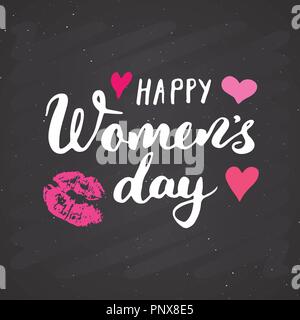 Happy Women's Day Hand letterings set. Holiday grunge textured retro design greeting cards vector illustration on chalkboard background. Stock Vector