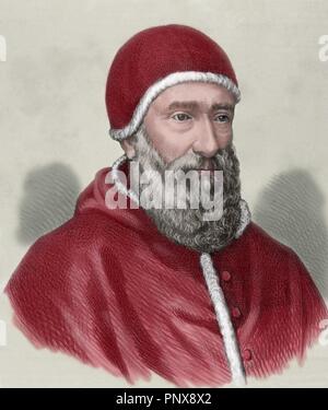 Clement VII (1478Ð1534), born Giulio di Giuliano de Medici Cardinal from 1513 to 1523 and  Pope from 1523 to 1534. Thanks to his patronage Michelangelo finished the paintings of the Last Judgement in the Sistine Chapel. Colored engraving. Stock Photo