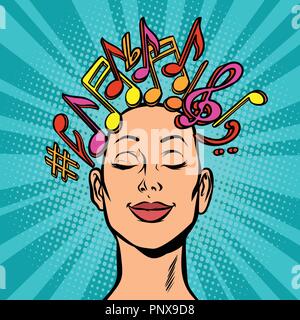 musical notation note marks, woman composer composes or hears mu Stock Vector