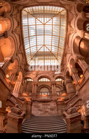 The Great Western Staircase (or 'Million Dollar Staircase') and atrium ceiling inside the New York State Capitol building in Albany, New York Stock Photo