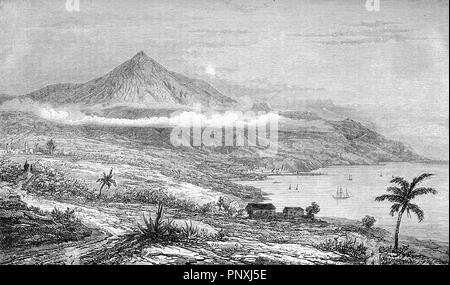 Tenerife  Canary island, landscape with the volcanic Teide peak , the highest point of the Spanish territory, vintage engraving Stock Photo