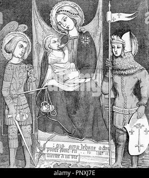 Medieval painting of Virgin Mary with Jesus child, flanked by the maid of Orleans and the archangel Michael, vintage engraving Stock Photo