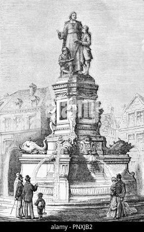 Rouen, France - fountain monument Jean-Baptiste de La Salle at Place Saint-Clément built in 1875, vintage engraving Stock Photo