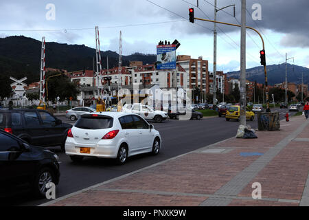 Bogotá, Colombia - May 01, 2017: Looking northwards on Carrera Novena or Avenue 9 in the capital city. Moving traffic on the road is seen. Stock Photo