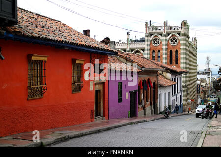 Bogota, Colombia - January 27, 2017: Looking down one of the streets in the La Candelaria district in the capital city of Bogota. Stock Photo