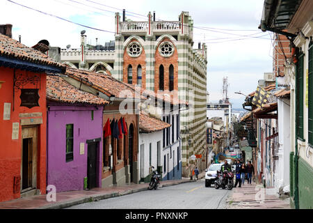 Bogota, Colombia - January 27, 2017: Looking down one of the streets in the La Candelaria district in the capital city of Bogota. Stock Photo