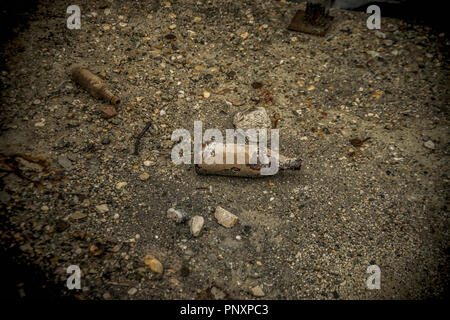 Beer bottles and dirt on the ground Stock Photo