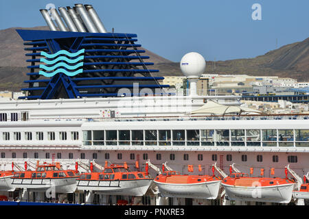 Funnel and upper decks of cruise ship Horizon in dock at Las Palmas de Gran Canaria, Canary Islands Stock Photo