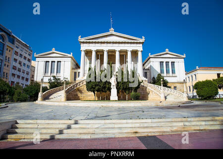 Building of the National Library of Greece in Panepistimio square, one of the neoclassical landmarks of Athens . Greece. Stock Photo