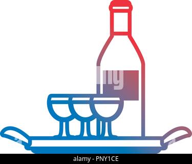 champagne bottle glasses drink on tray vector illustration neon Stock Vector