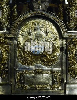 Detail of a silver relief from the Main altar of the Cathedral of Santiago de Compostela. Depiction of the Last Supper. Santiago de Compostela, Province of La Coru–a, Galicia, Spain. Stock Photo