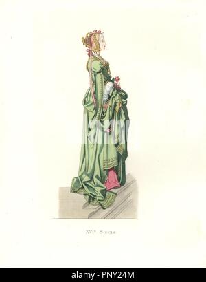 Flemish lady in waiting, 16th century, long green dress with embroidered edges, pink underdress, headdress with pearls and pink ribbons.. Handcolored illustration by E. Lechevallier-Chevignard, lithographed by A. Didier, L. Flameng, F. Laguillermie, from Georges Duplessis's 'Costumes historiques des XVIe, XVIIe et XVIIIe siecles' (Historical costumes of the 16th, 17th and 18th centuries), Paris 1867. The book was a continuation of the series on the costumes of the 12th to 15th centuries published by Camille Bonnard and Paul Mercuri from 1830. Georges Duplessis (1834-1899) was curator of the Pr Stock Photo