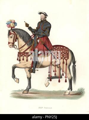 King Francis I of France (1494-1547), in elaborately engraved suit of armor and scarlet velvet skirt, mounted on horseback.. Handcolored illustration by E. Lechevallier-Chevignard, lithographed by A. Didier, L. Flameng, F. Laguillermie, from Georges Duplessis's 'Costumes historiques des XVIe, XVIIe et XVIIIe siecles' (Historical costumes of the 16th, 17th and 18th centuries), Paris 1867. The book was a continuation of the series on the costumes of the 12th to 15th centuries published by Camille Bonnard and Paul Mercuri from 1830. Georges Duplessis (1834-1899) was curator of the Prints departme Stock Photo