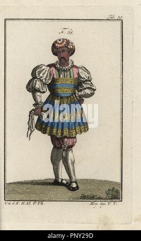 Man of fashion in Venice and other Italian towns, 16th century. He wears a copper balzo headdress. Handcolored copperplate engraving from Robert von Spalart's 'Historical Picture of the Costumes of the Principal People of Antiquity and of the Middle Ages,' Vienna, 1811. Illustration based on Cesare Vecellio's Habiti Antichi e moderni, Venice, 1590. Stock Photo