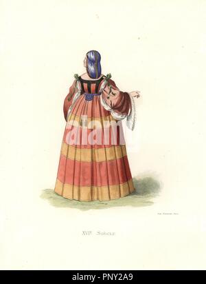 Woman of Milan, 16th century, in voluminous red and orange silk dress and blue silk hairnet.. Handcolored illustration by E. Lechevallier-Chevignard, lithographed by A. Didier, L. Flameng, F. Laguillermie, from Georges Duplessis's 'Costumes historiques des XVIe, XVIIe et XVIIIe siecles' (Historical costumes of the 16th, 17th and 18th centuries), Paris 1867. The book was a continuation of the series on the costumes of the 12th to 15th centuries published by Camille Bonnard and Paul Mercuri from 1830. Georges Duplessis (1834-1899) was curator of the Prints department at the Bibliotheque national Stock Photo