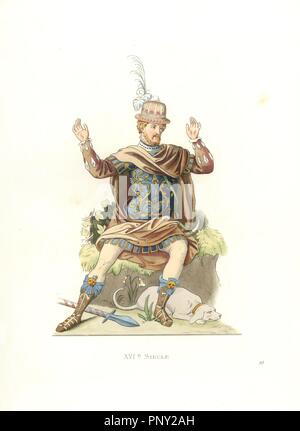 French gentleman in ancient costume, 17th century, from a tapestry manufactured by the Trinity, founded in Paris by Catherine de Medici. Handcolored illustration by E. Lechevallier-Chevignard, lithographed by A. Didier, L. Flameng, F. Laguillermie, from Georges Duplessis's 'Costumes historiques des XVIe, XVIIe et XVIIIe siecles' (Historical costumes of the 16th, 17th and 18th centuries), Paris 1867. The book was a continuation of the series on the costumes of the 12th to 15th centuries published by Camille Bonnard and Paul Mercuri from 1830. Georges Duplessis (1834-1899) was curator of the Pri Stock Photo