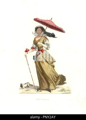 Woman in summer clothes, France, 17th century, from a print by Jean de Saint-Jean. Handcolored illustration by E. Lechevallier-Chevignard, lithographed by A. Didier, L. Flameng, F. Laguillermie, from Georges Duplessis's 'Costumes historiques des XVIe, XVIIe et XVIIIe siecles' (Historical costumes of the 16th, 17th and 18th centuries), Paris 1867. The book was a continuation of the series on the costumes of the 12th to 15th centuries published by Camille Bonnard and Paul Mercuri from 1830. Georges Duplessis (1834-1899) was curator of the Prints department at the Bibliotheque nationale. Edmond L Stock Photo