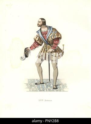 Courtier to Francis I (1494-1547), in short silk jacket over a slashed doublet, stockings, plumed hat. He wears a sword and hunting horn.. Handcolored illustration by E. Lechevallier-Chevignard, lithographed by A. Didier, L. Flameng, F. Laguillermie, from Georges Duplessis's 'Costumes historiques des XVIe, XVIIe et XVIIIe siecles' (Historical costumes of the 16th, 17th and 18th centuries), Paris 1867. The book was a continuation of the series on the costumes of the 12th to 15th centuries published by Camille Bonnard and Paul Mercuri from 1830. Georges Duplessis (1834-1899) was curator of the P Stock Photo