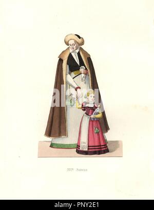 Woman of Silesia and girl, 16th century. The woman in brown bodice and long skirt, with a fur-lined brown coat and hat, the girl in pink bodice and skirt with apron and ruff, carrying a doll dressed the same.. Handcolored illustration by E. Lechevallier-Chevignard, lithographed by A. Didier, L. Flameng, F. Laguillermie, from Georges Duplessis's 'Costumes historiques des XVIe, XVIIe et XVIIIe siecles' (Historical costumes of the 16th, 17th and 18th centuries), Paris 1867. The book was a continuation of the series on the costumes of the 12th to 15th centuries published by Camille Bonnard and Pau Stock Photo