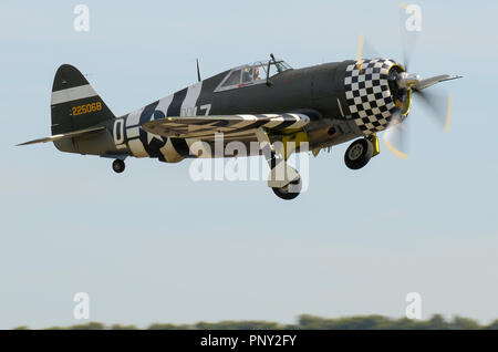 Republic P-47 Thunderbolt Second World War fighter plane in olive drab with invasion stripes and checkerboard nose cowling. Flying Stock Photo