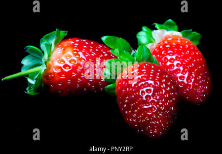 close-up of three fresh strawberries on a black background useful for a vitamin fresh an vegetarian  beverage and recipes with strawberries Stock Photo