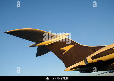 Vickers VC10 in BOAC, British Overseas Airways Corporation colour scheme. High tail. Speedbird emblem brand logo. Sunny day Stock Photo