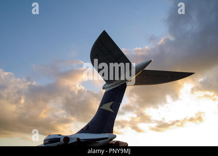 Vickers VC10 in BOAC, British Overseas Airways Corporation colour scheme. High tail. Speedbird emblem brand logo. Sunny day Stock Photo