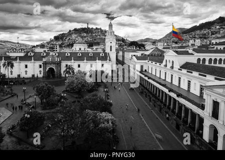 Plaza Grande or Plaza de Independencia, Quito, Ecuador in Black and White Stock Photo