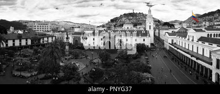 Panoramic of Plaza Grande or Plaza de Independencia, Quito, Ecuador in Black and White Stock Photo