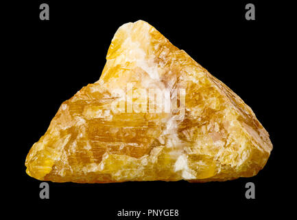 Raw, uncut yellow calcite (CaCO3) from Mexico isolated on black background Stock Photo